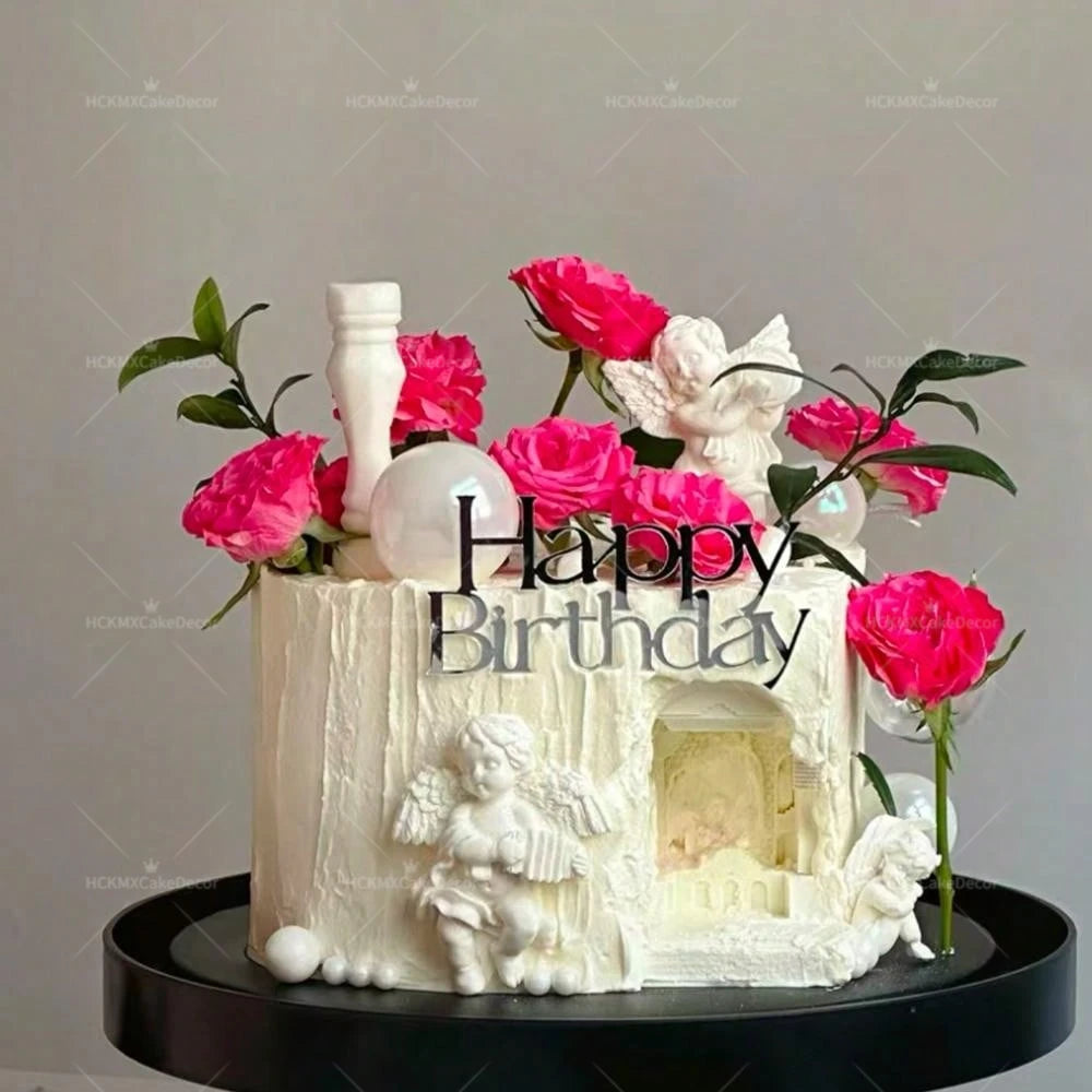 3PCS Happy Birthday Cake Topper Simple Lines Acrylic Gold Silver Black Dessert Toppers for Birthday Party Cake Decorations