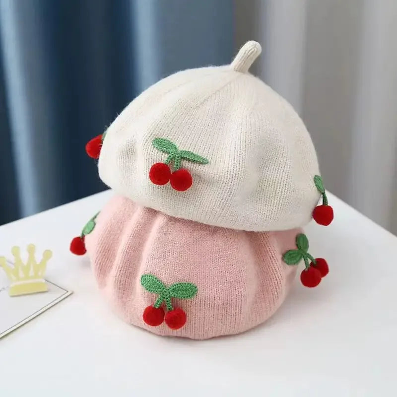 Spring And Autumn Girl Children British Painter Hat Baby Wool Fashion Kawaii Cherry Women Beret Caps