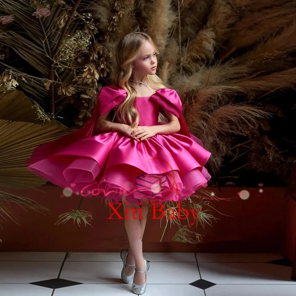 Hot Pink Glitter Lush Girl Party Dresses Elegant Fluffy Girl Princess Dress Shiny Pearls luxurious Birthday Wedding Dress Girl