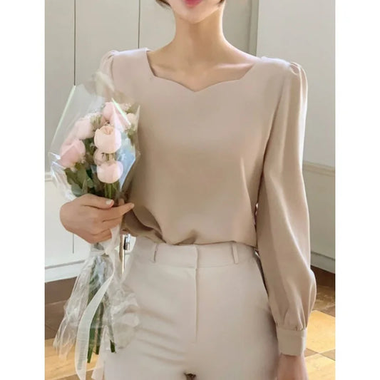 Autumn Puff Sleeve Simple Shirts Spring Square Collar Women Blouse 2024 Elegant Casual Loose Tops Fashion Ladies
