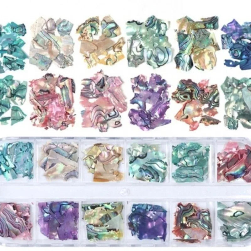 12Designs/Box 3D Abalone Shell Irregular Fragment Texture Natural Sea Shell Gel Flakes Slider Shimmer Pearl Nail Art Decorations
