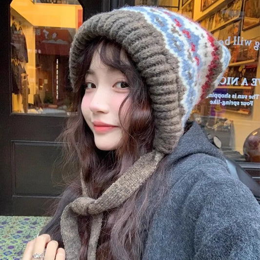 Women's Winter Hat Elastic Knitted Woolen Hat Winter Warm Ear Protection Hat Ethnic Style Bomber Hats Korean Sweet Beanies Cap