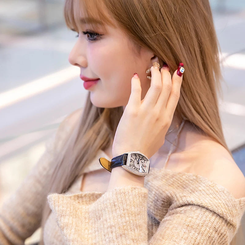 Fashion Unique Design Luxury Diamond Crystal Women Watches Colorful Leather Strap Quartz Girl Ladies Clock Dress Wristwatch