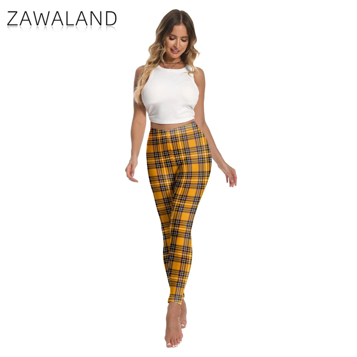 Zawaland Women Pants Yellow Tartan 3D Printing Leggings Halloween Stripe Trousers Female Elastic Tights Mid Waist Long Pants