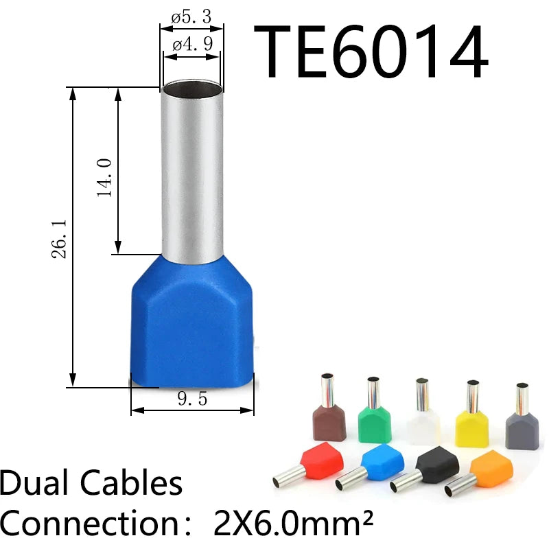 100PCS 2x(0.5mm²~16mm²) Dual Wires Copper Insulated Ferrules Cord End Crimp Terminal Electrical Cable Lug TE2508 AWG 2X(#22-#6)