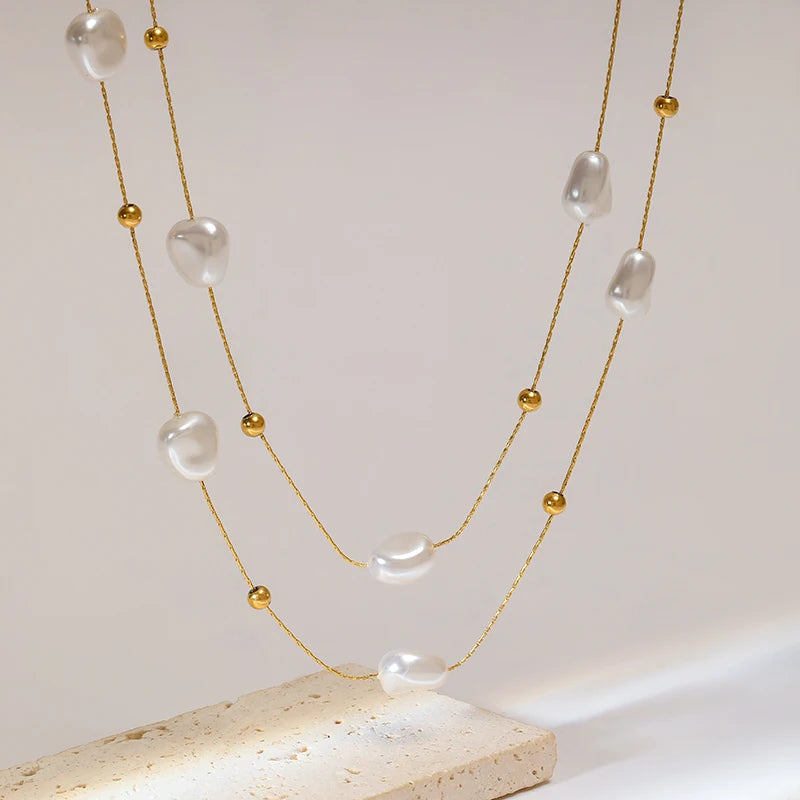 EILIECK 316L Stainless Steel Double Layer Irregular Pearl 2in1 Chains Necklace For Women Fashion Girls Clavicle Chain Jewelry