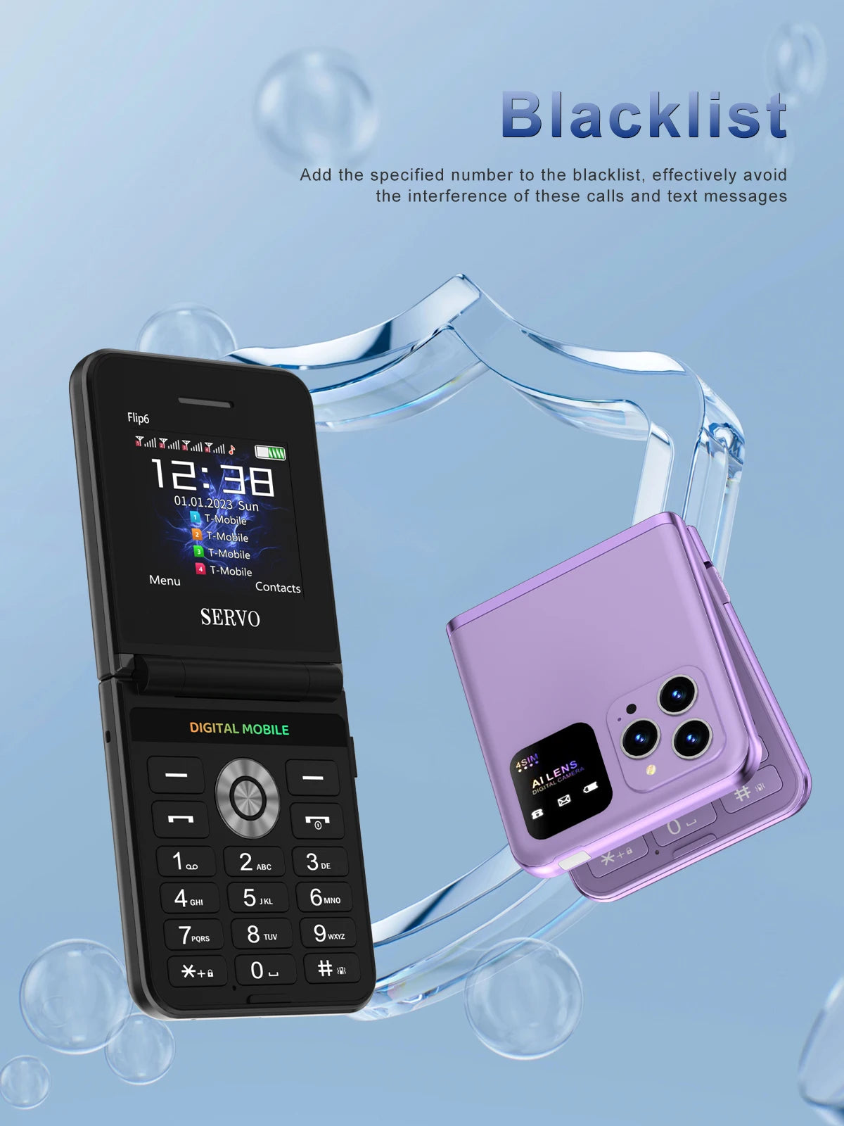 SERVO Flip6 GSM Fold Mobile Phone 4 SIM Card 2.4'' Screen Auto Call Record Button Torch Speed Dial Magic Voice Popular Cellphone