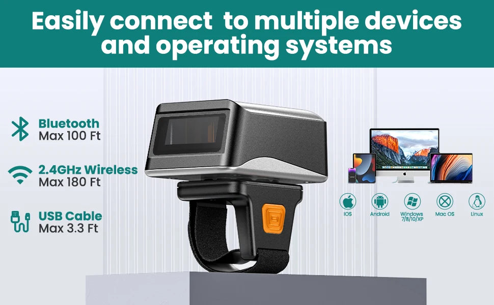 Wearable Mini 1D Ring Barcode Scanner 2.4G Wireless & Bluetooth & USB Wired 3-in-1 1D Code Reader Laser Bar Code Scanners