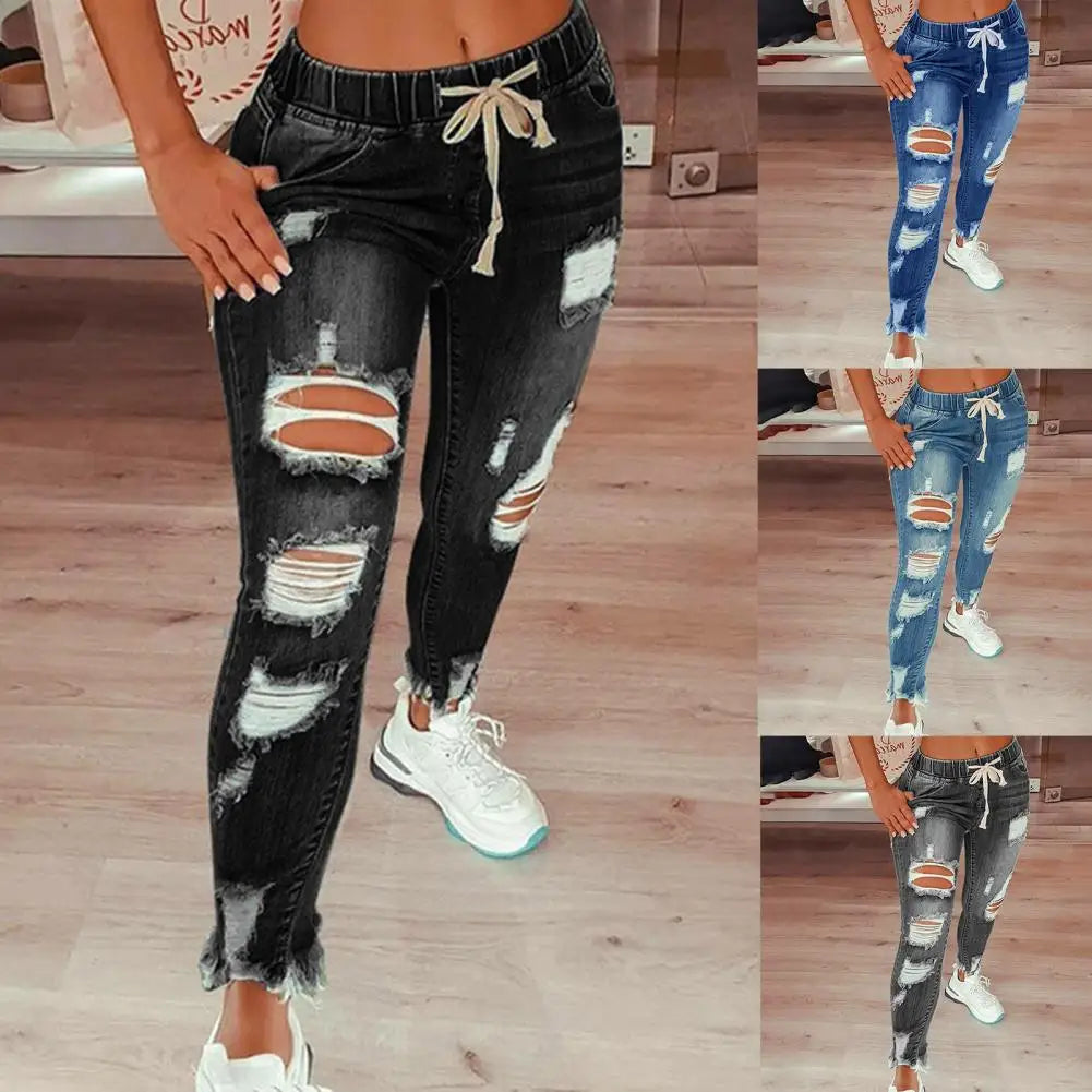 Womens Stretch Skinny Ripped Hole Washed Denim mom Jeans Female Slim Jeggings High Waist Pencil Pants Trousers