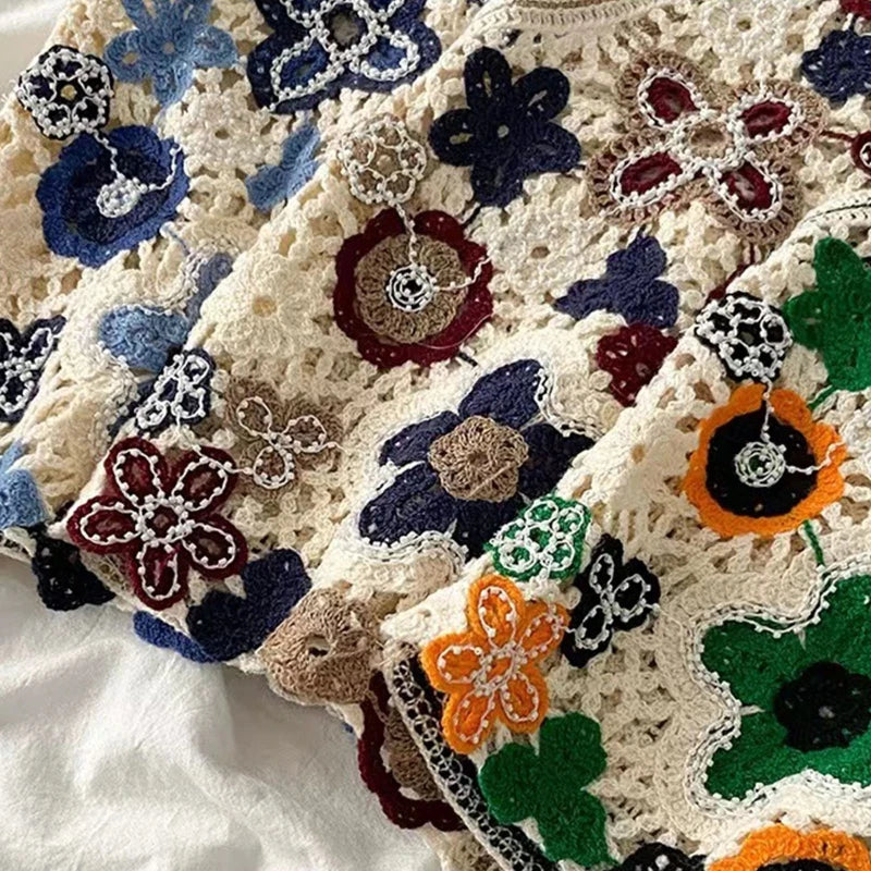 Women Hollow Crochet Knit Vest Waistcoat Beaded Embroidery Colorful Floral Sleeveless Cardigan for Jacket Button Crop To