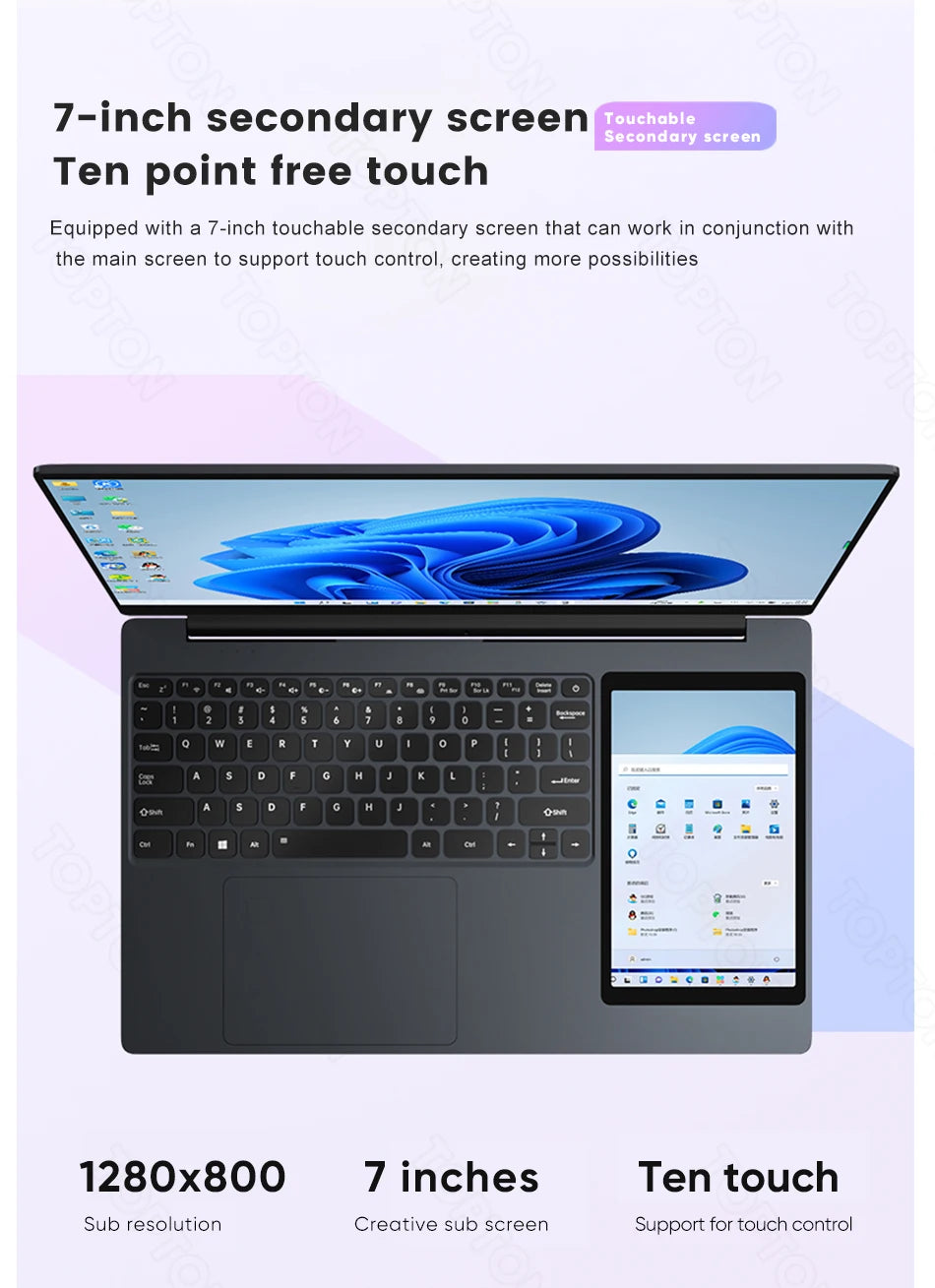 Topton L10 Dual Screen Laptop 15.6 Inch IPS + 7'' Touch 12th Gen Intel N100 Max 32G DDR4 2T SSD Slim Office Notebook PC Computer