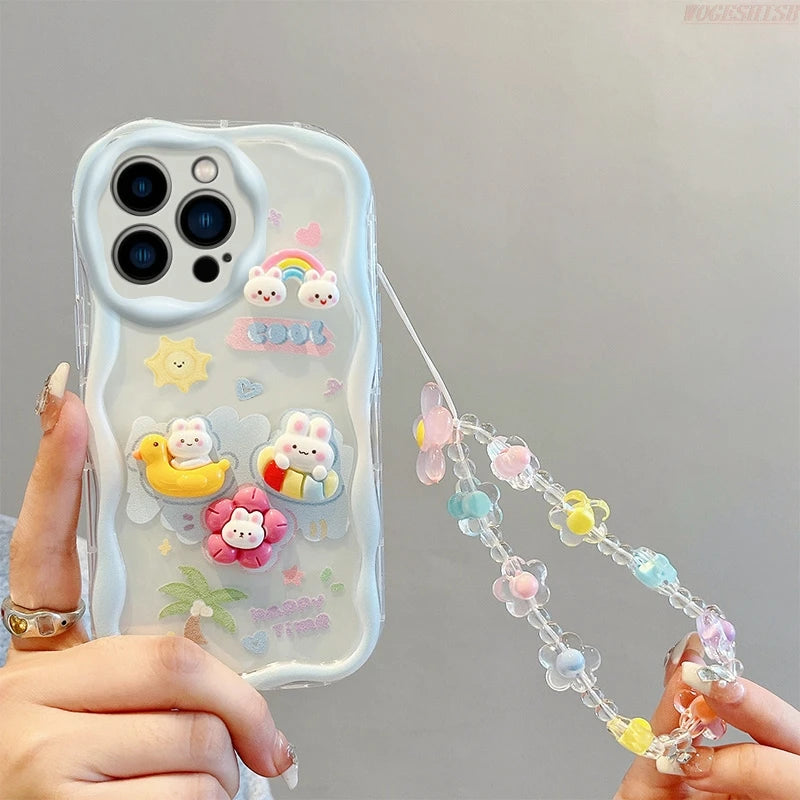 Kuromi Rabbit Phone Case For Samsung Galaxy A10S A71 A72 A73 F04 F12 F54 M04 M12 M22 M32 M54 5G Flowers Wrist Strap Curly Cover