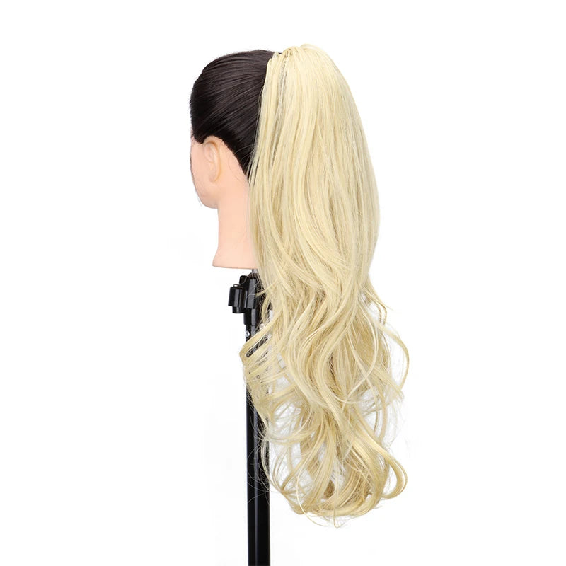 Synthetic 22Inch Long Wavy Curly Layered Ponytail Drawstring Clip in Hairpiece Black Blonde Hair for Women
