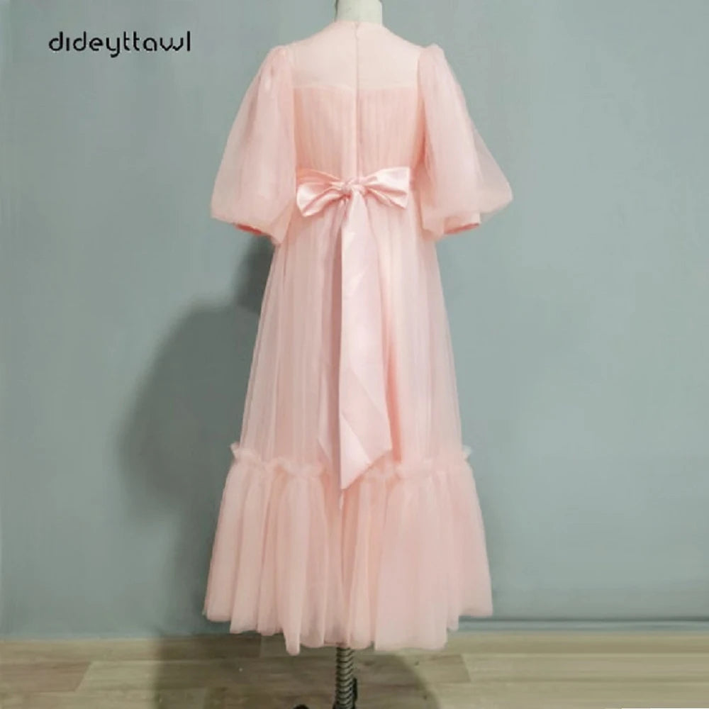 Dideyttawl Tulle Short Puff Sleeves Flower Girl Dress Ruffles Pleated Floor Length Sashes Junior Concert Gown