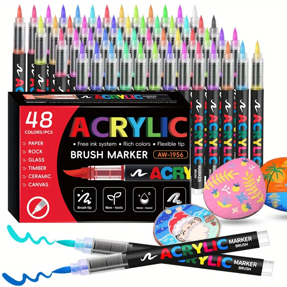 12/24/36/48 Color Acrylic Paint Pen Markers Brush Tip Paint Marker For Rock Painting Wood Canvas Stone, Christmas Gift DIY Craft