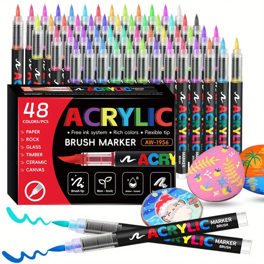 12/24/36/48 Color Acrylic Paint Pen Markers Brush Tip Paint Marker For Rock Painting Wood Canvas Stone, Christmas Gift DIY Craft