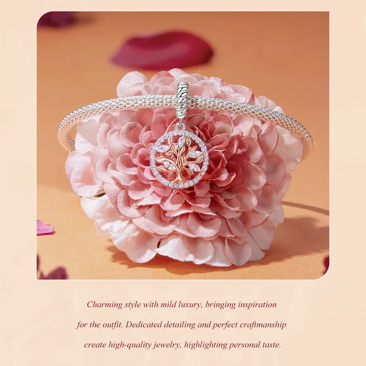 WOSTU 925 Sterling Silver Tree of Life Pendant Plated White Rose Gold Rose Charm Spacer Beads Fit Original Bracelet for Women