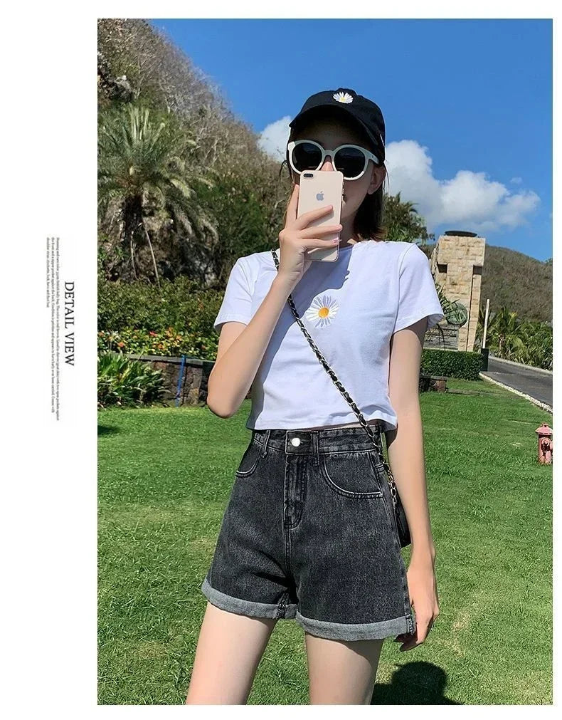 Shorts Women Black Gray Denim Shorts For Women Summer High Waist  Loose Ropa Mujer