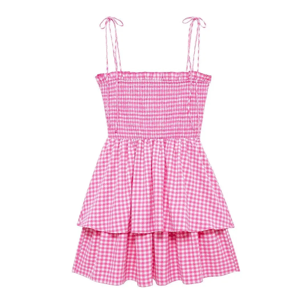 TRAF Plaid Print Sleeveless Dress Women All-match A-line Beach Dress Women Ulzzang Students Dress Vestidos