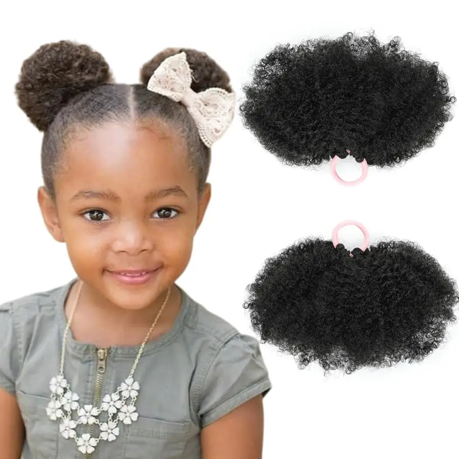 Kids Puff Ponytail Extensions 2Pcs Synthetic Small Afro Kinky Curly Hair Bun For Little Girls Comfortable Lightweight Hairpieces