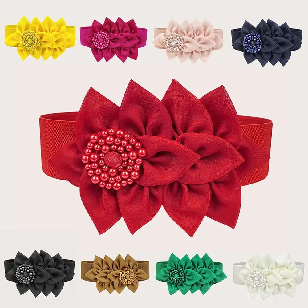 Fashion Women Stretch Waistband Flower Decoration Wide Waist Belt Dress Coat Suit Decorative Waistband