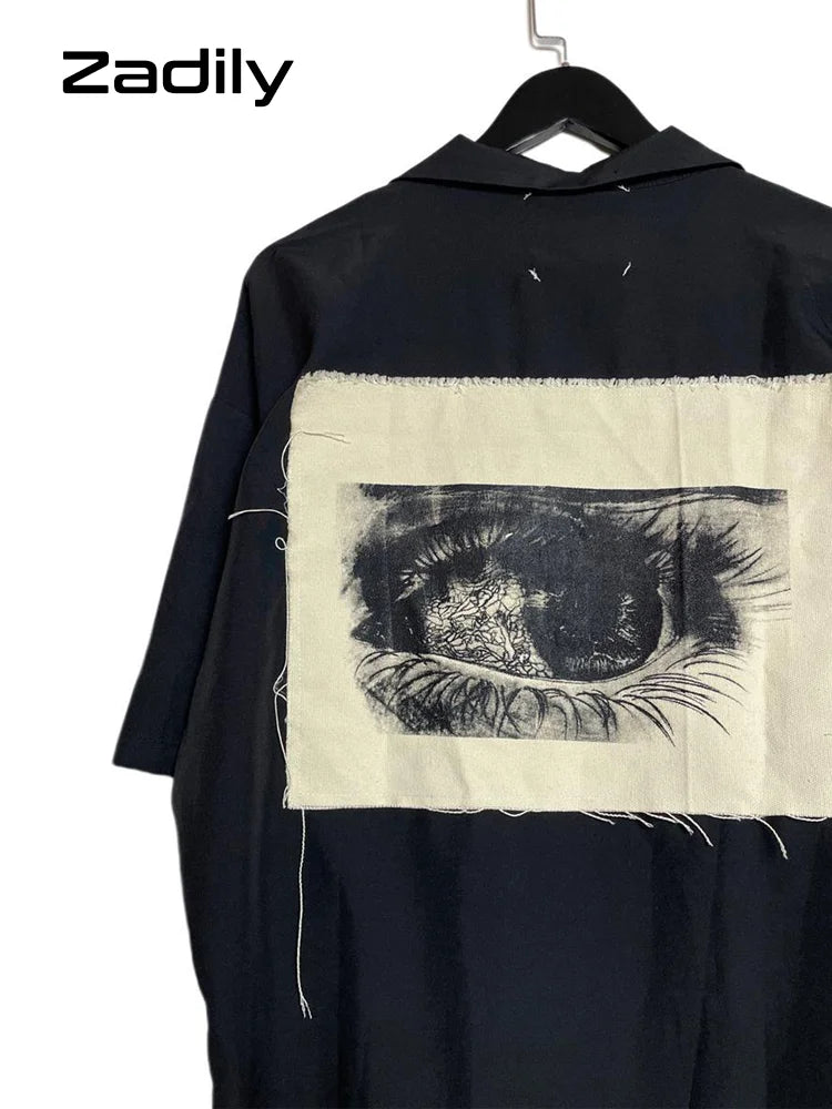Women's Button Up Loose Blouse, Short Sleeve Shirt, Patch Designs, Tunic, Gothic Streetwear, Female Clothing, Summer, Y2k, 2024