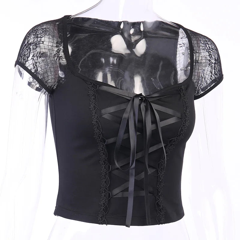 Vintage Tops Goth T-shirt Women Bodycon Bandage Lace Black T-shirts Gothic Streetwear Sexy Female Top Casual Mesh Tee