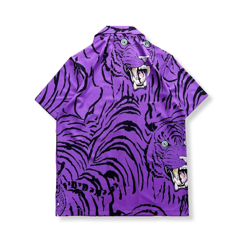 Dark Icon Purple Tiger Hawaiian Shirts Men Summer Button Down Collar Men's Shirts Male Top