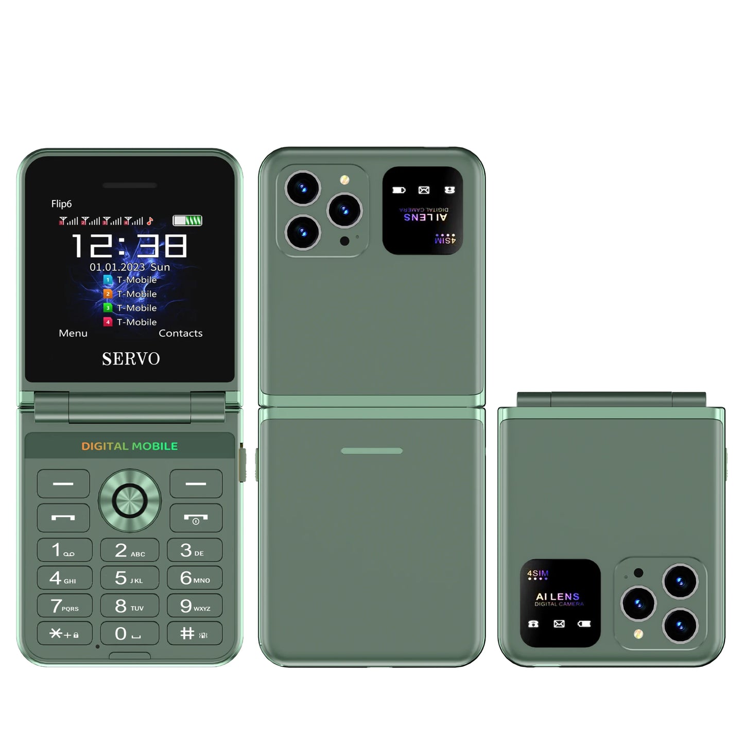 SERVO Flip6 GSM Fold Mobile Phone 4 SIM Card 2.4'' Screen Auto Call Record Button Torch Speed Dial Magic Voice Popular Cellphone