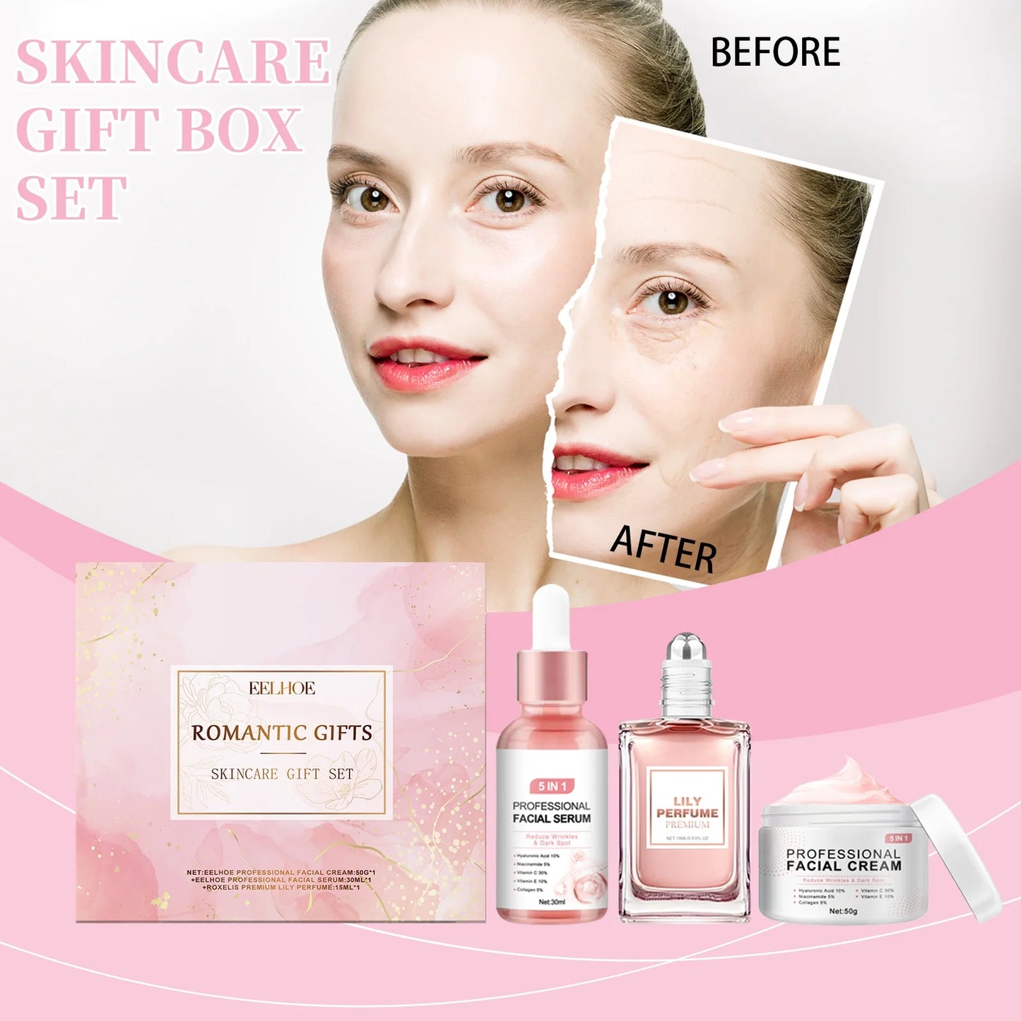 Pink Romantic Joyful Skincare Gift Box Improve Face Dullness Moisturize Firming Brighten Skin Fragrance Gift Box Set For Wome