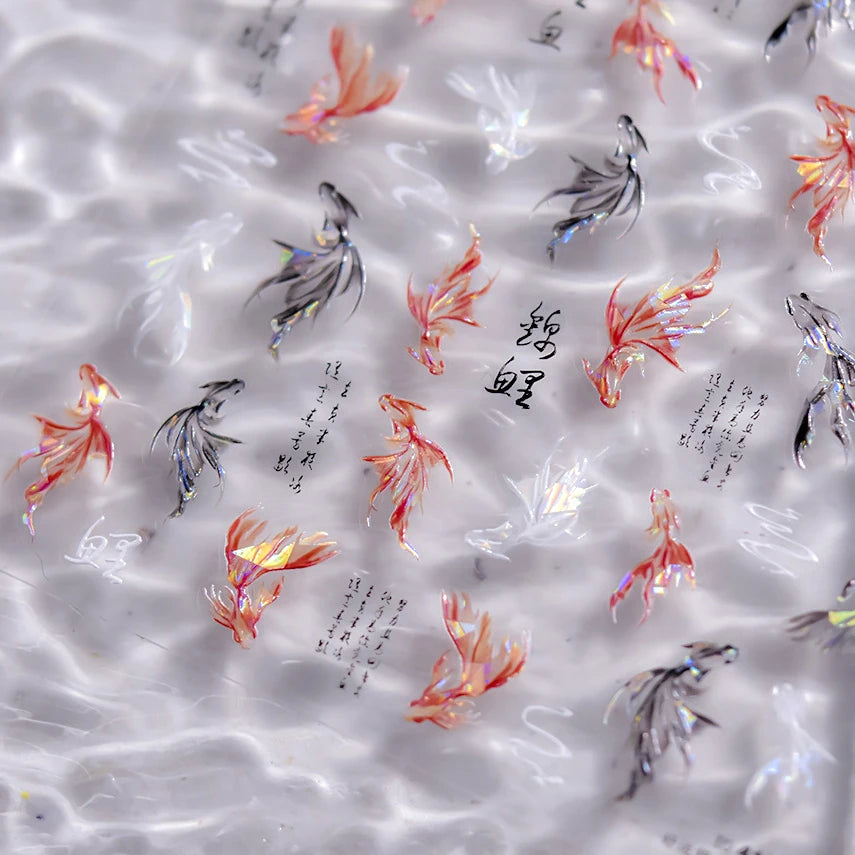 Chinese Koi Goldfish Carp Red White Black Fish Lotus Flower Dolphin Mermaid Summer Soft Reliefs Nail Art Stickers Manicure Decal
