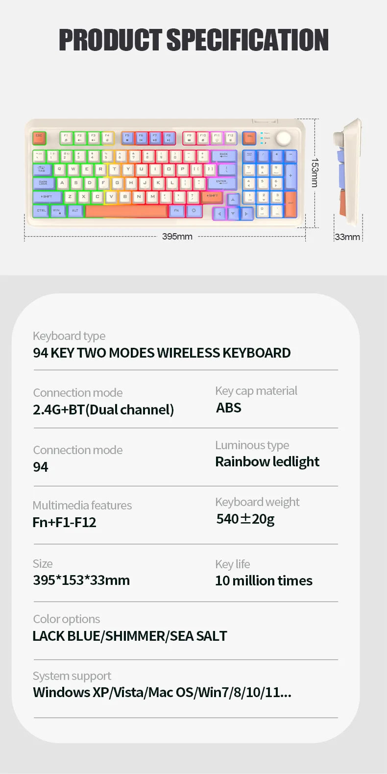 Russian Wireless Keyboard With Russian Layout Spanish Arabic Korean Keyboard Mouse Kit Bluetooth RGB Backlight Volume Knob K94