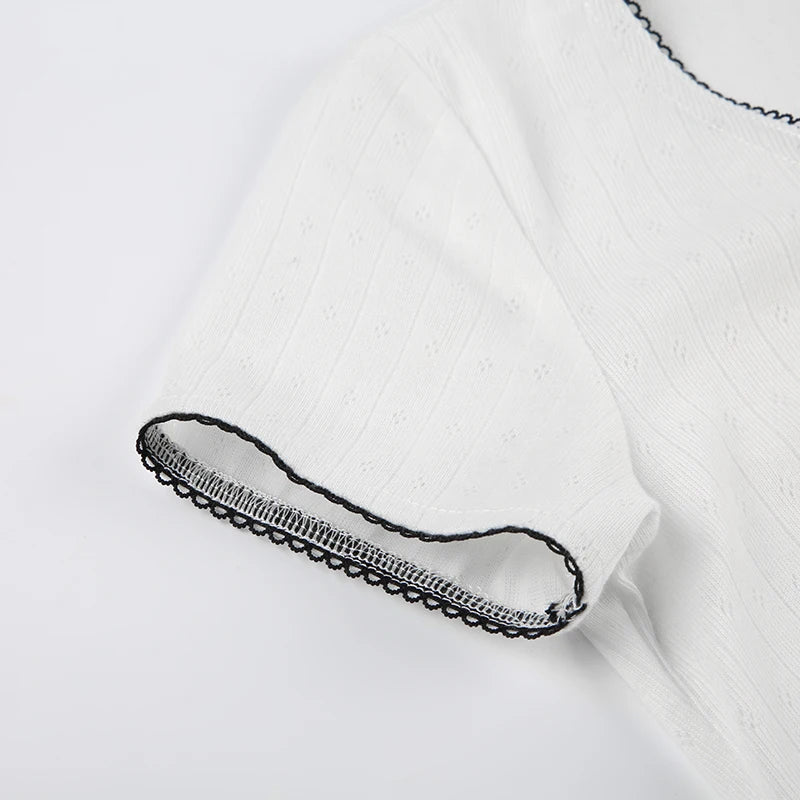 CIBBAR Chic Bow Bandage White Crop Top Women Casual White Short Sleeve Slim-fitting T-shirts Summer Basic Skinny Tees y2k Ladies