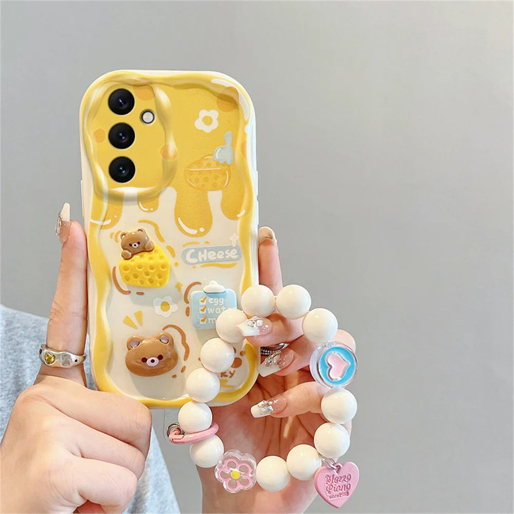 Kuromi Rabbit Phone Case For Samsung Galaxy A10S A71 A72 A73 F04 F12 F54 M04 M12 M22 M32 M54 5G Flowers Wrist Strap Curly Cover