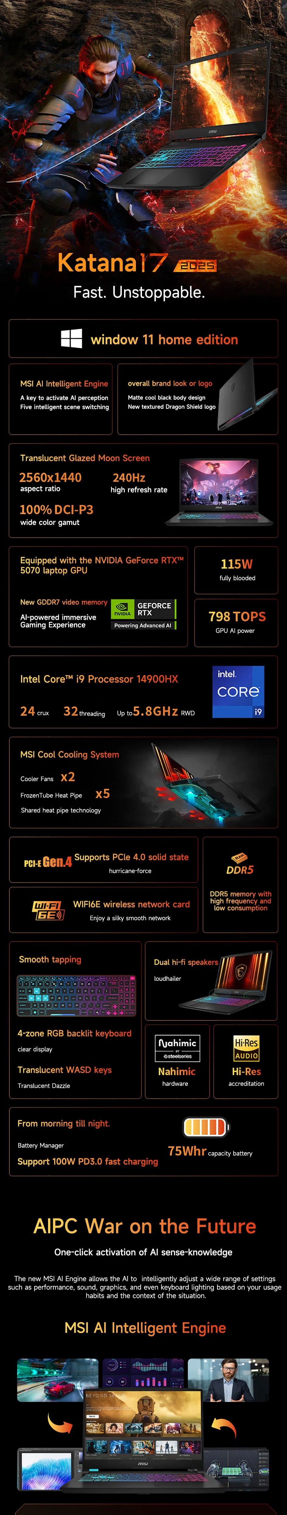 2025 MSI Katana 17 HX Gaming Laptop 17.3 Inch 2.5K QHD 240Hz IPS Screen Netbook i9-14900HX 32GB 2TB RTX5060 Notebook Computer PC