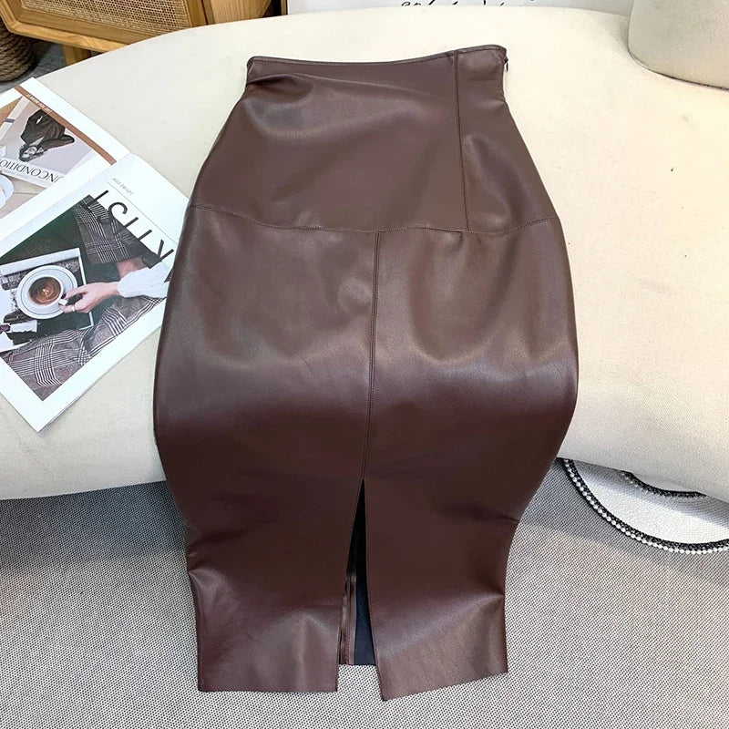 Vintage Faux PU Leather Hobble Skirts Women Sexy Bodycon Midi Skirts Hem Split Ladies Mermaid Skirt Party Clothes New Custom