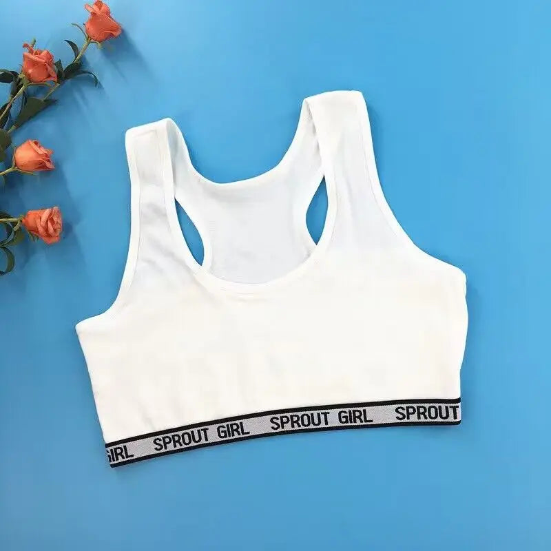 Girl Cotton Sport Training Bra Cartoon Smiley Print Print Solid Color Wide Strap Underwear Bralette Seamless Crop Top 8-16Y