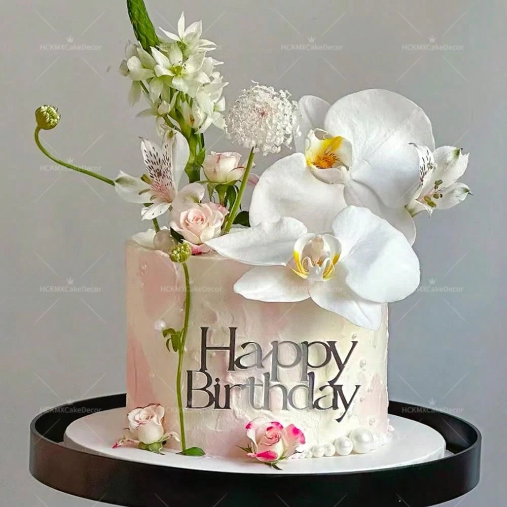 3PCS Happy Birthday Cake Topper Simple Lines Acrylic Gold Silver Black Dessert Toppers for Birthday Party Cake Decorations