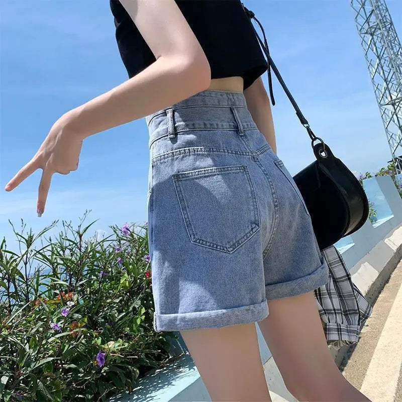 2024 Summer Blue Denim Shorts for Women Korean Fashion High Waisted Shorts Female All-Match Casual Loose Short Jeans Woman