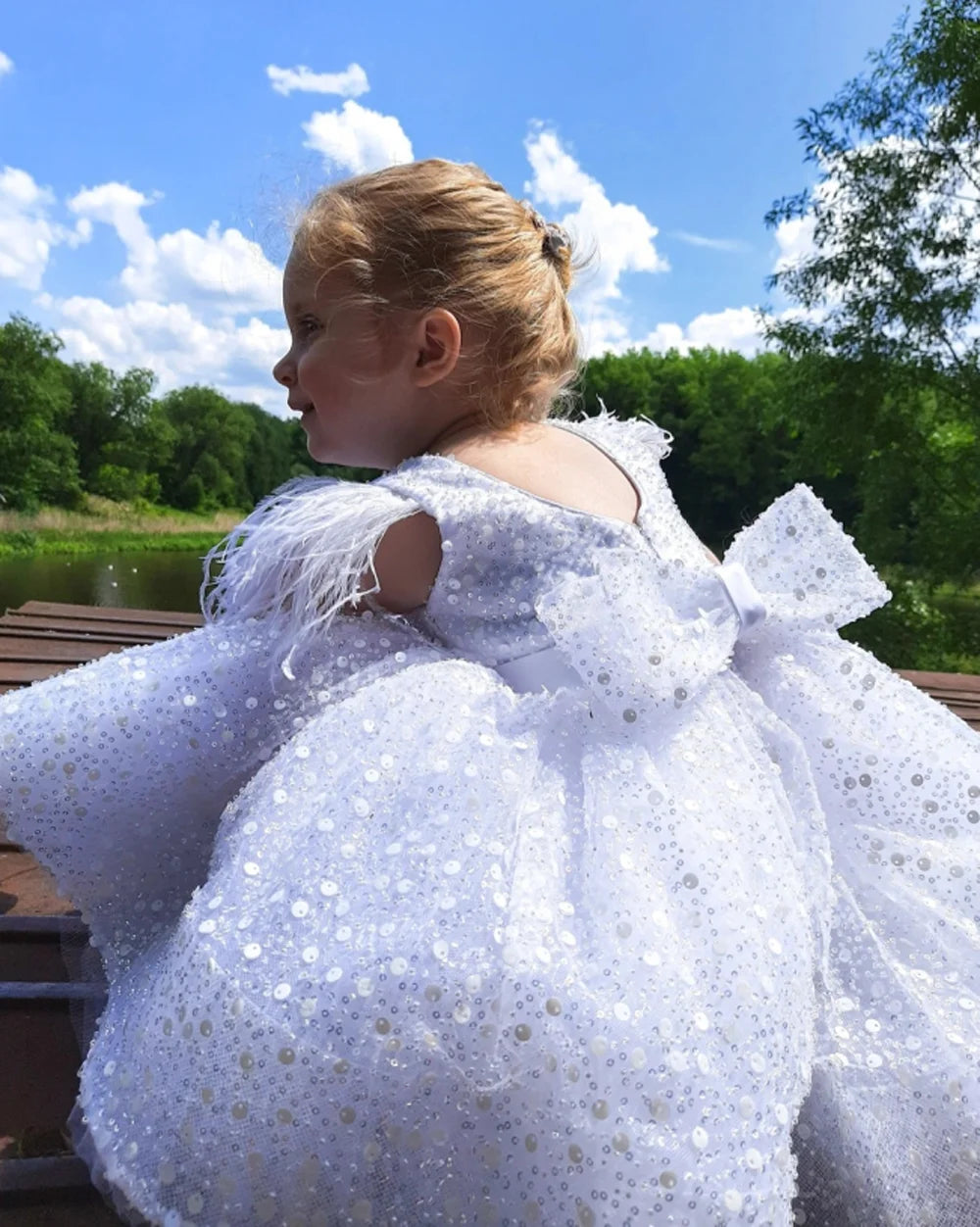 3-9 Years White Tulle Girl Dress Sequined Bows Children's First Communion Ball Gown Wedding Party Bridesmaid Dress Kids Princess