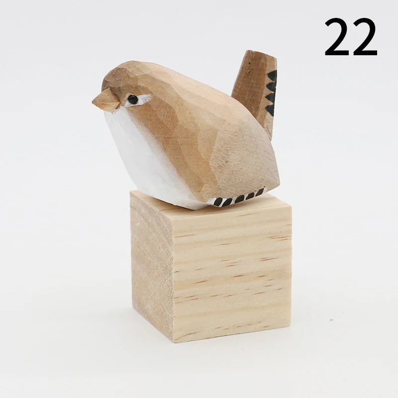 Cute Wooden Bird Figurine Ornaments Painted Hand Carved Wood Birds Statue Carving Animals Miniature Crafts Table Decorate Gifts