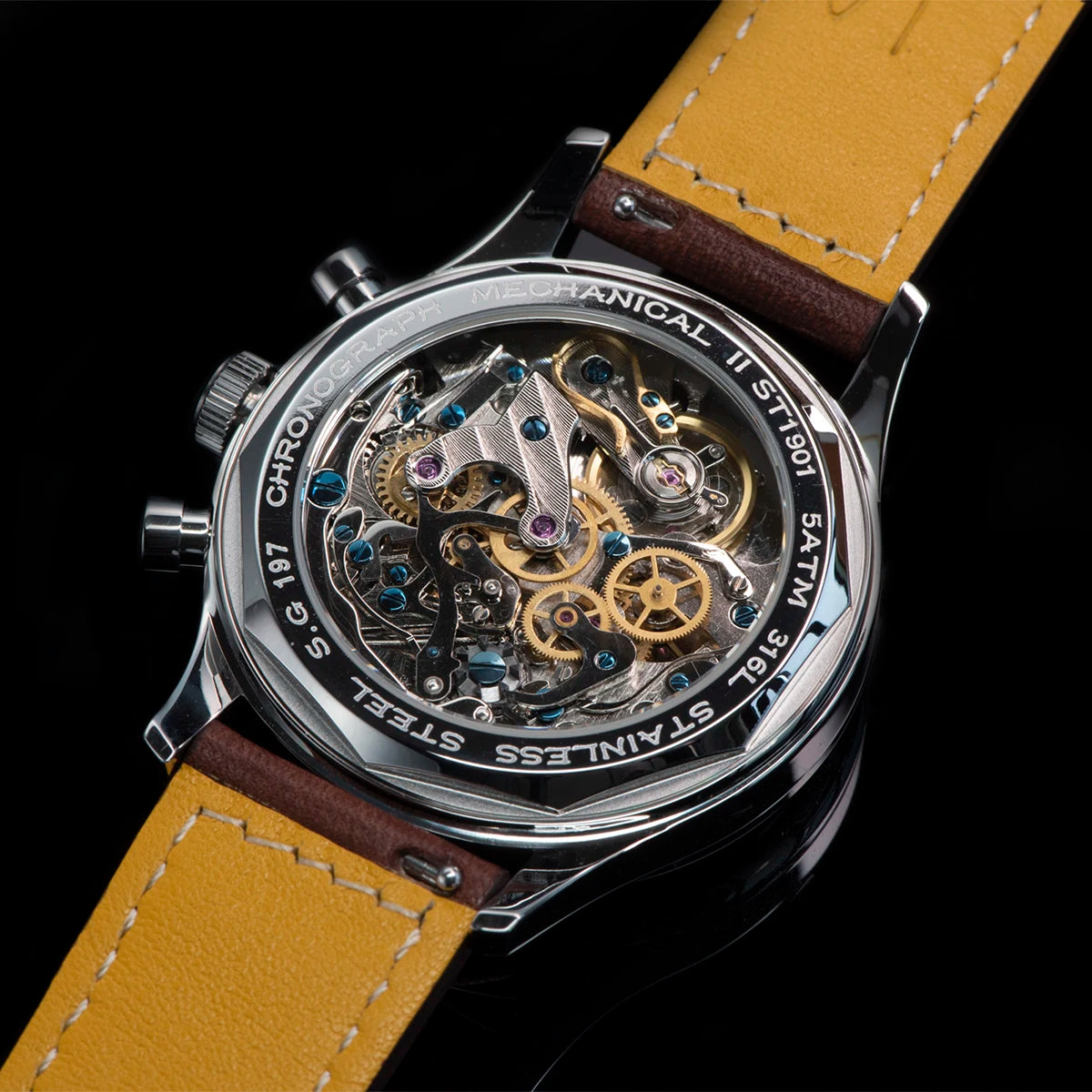 Sugess Watch Mens 1963 Pilot Chronograph Mechanical Wristwatches Tianjin ST19 Movement Swanneck Sapphire Crystal Racing Leather