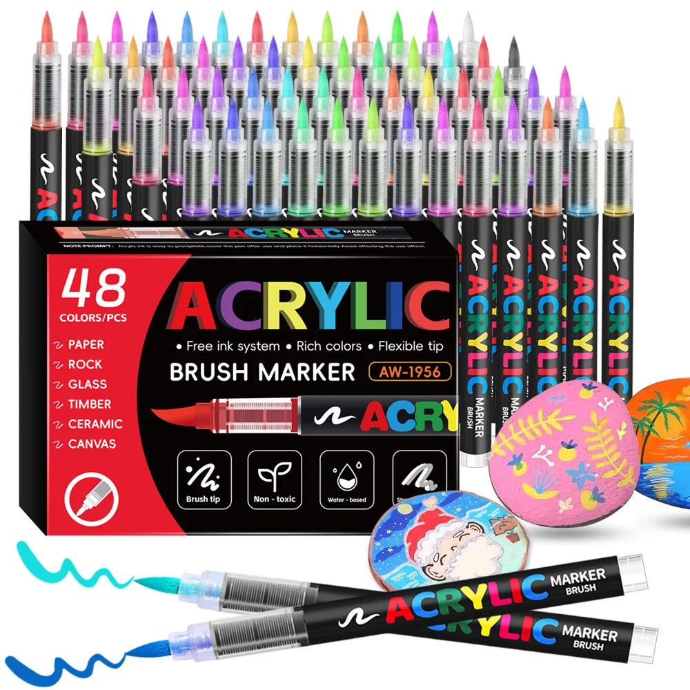 12/24/36/48 Color Acrylic Paint Pen Markers Brush Tip Paint Marker For Rock Painting Wood Canvas Stone, Christmas Gift DIY Craft
