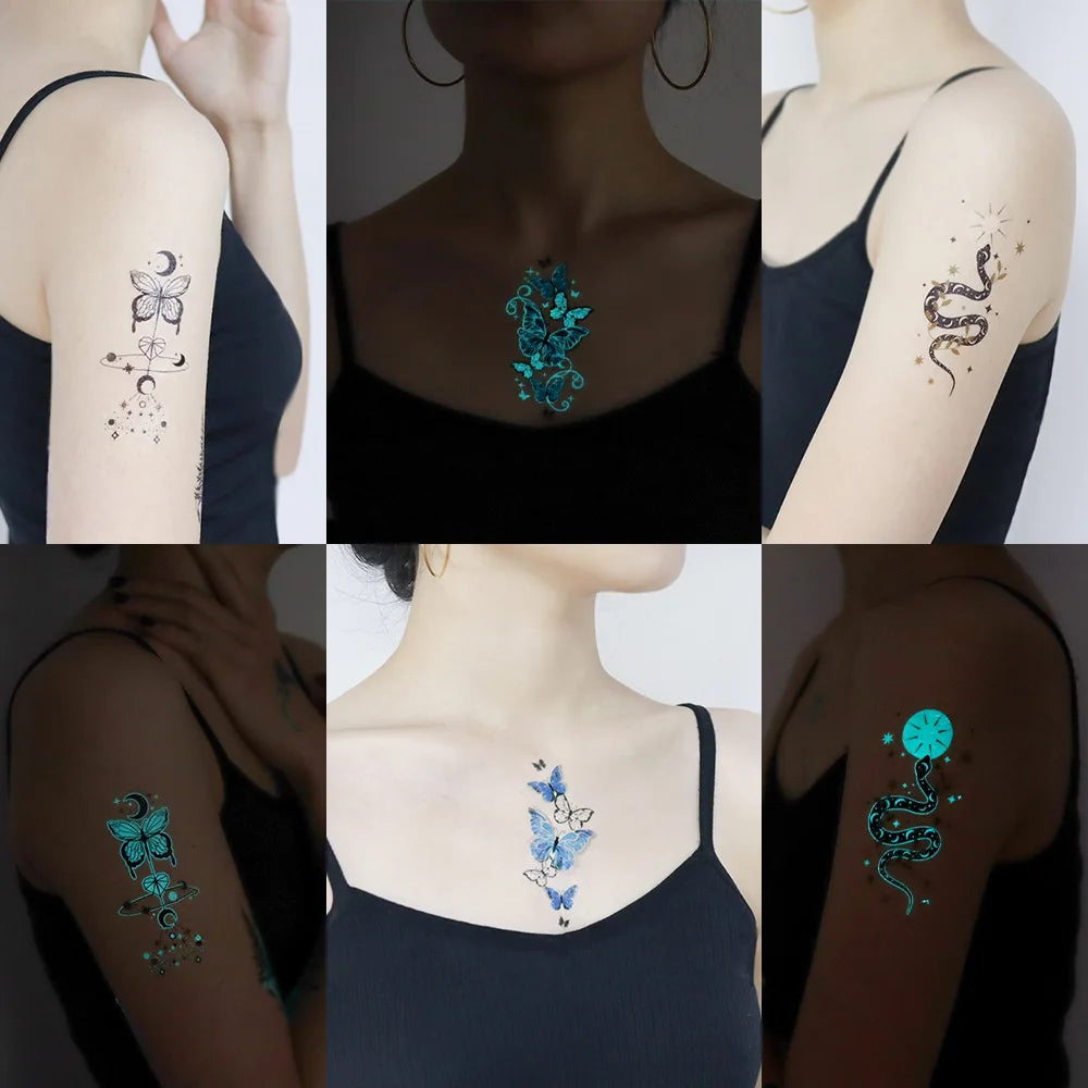 Blue Luminous Tattoo Sticker Deer Glowing Snake Waterproof Temporary Tatoo Camping Glow Fake Tatto Body Art Women Men Club Party