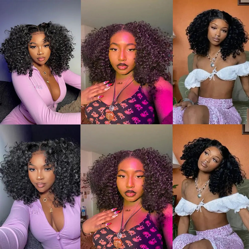 Short Bob Wig Lace Front Wigs for Women Afro Kinky Curly Wigs Ombre Brown Synthetic Middle Nature Hair Black Headgear with Clips