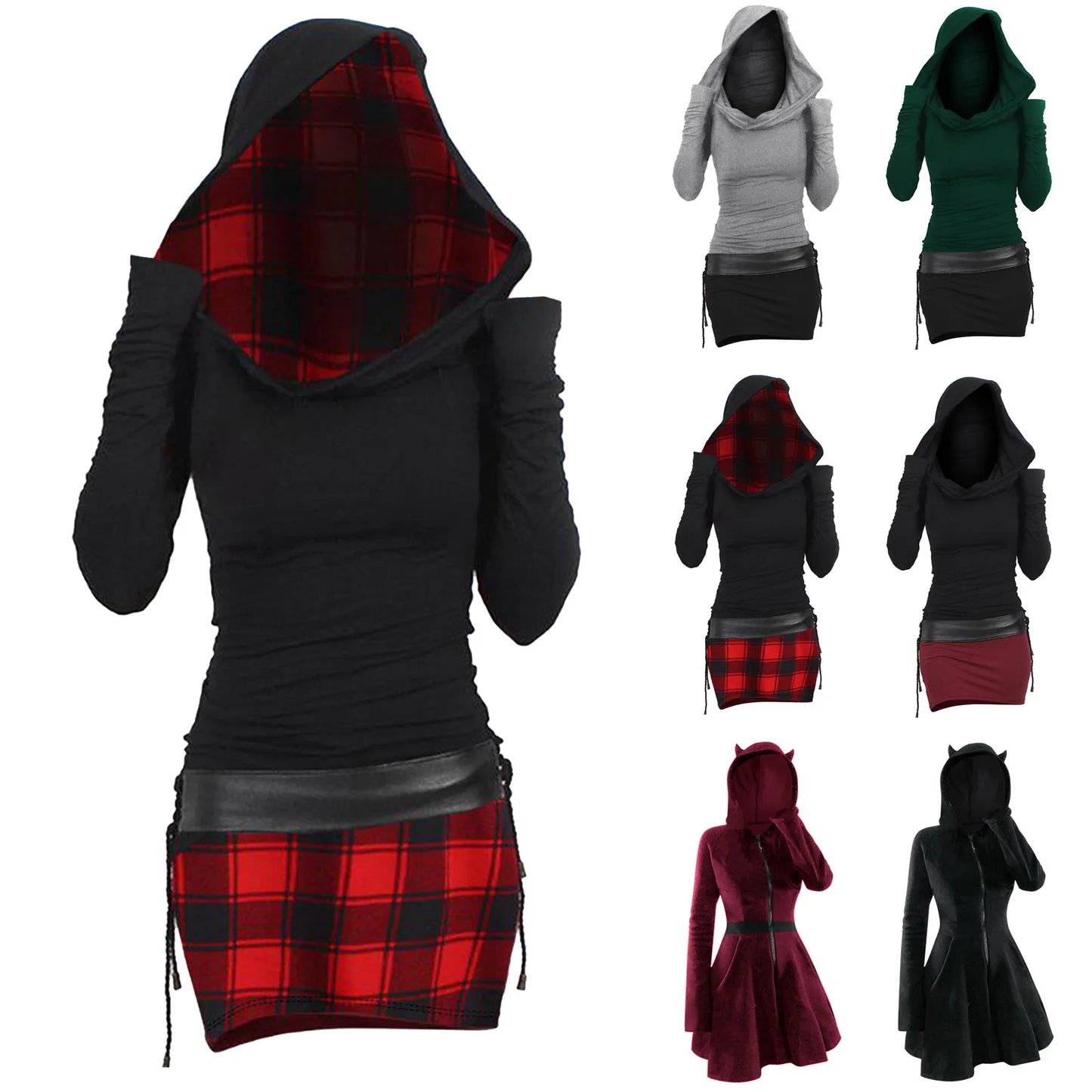 Gothic Long Sleeved Hooded Dresses For Women 2023 Autumn Vintage Lace-Up Slim Mini Dress Female Patchwork Robe платье женское