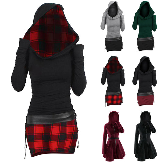 Gothic Long Sleeved Hooded Dresses For Women 2023 Autumn Vintage Lace-Up Slim Mini Dress Female Patchwork Robe платье женское
