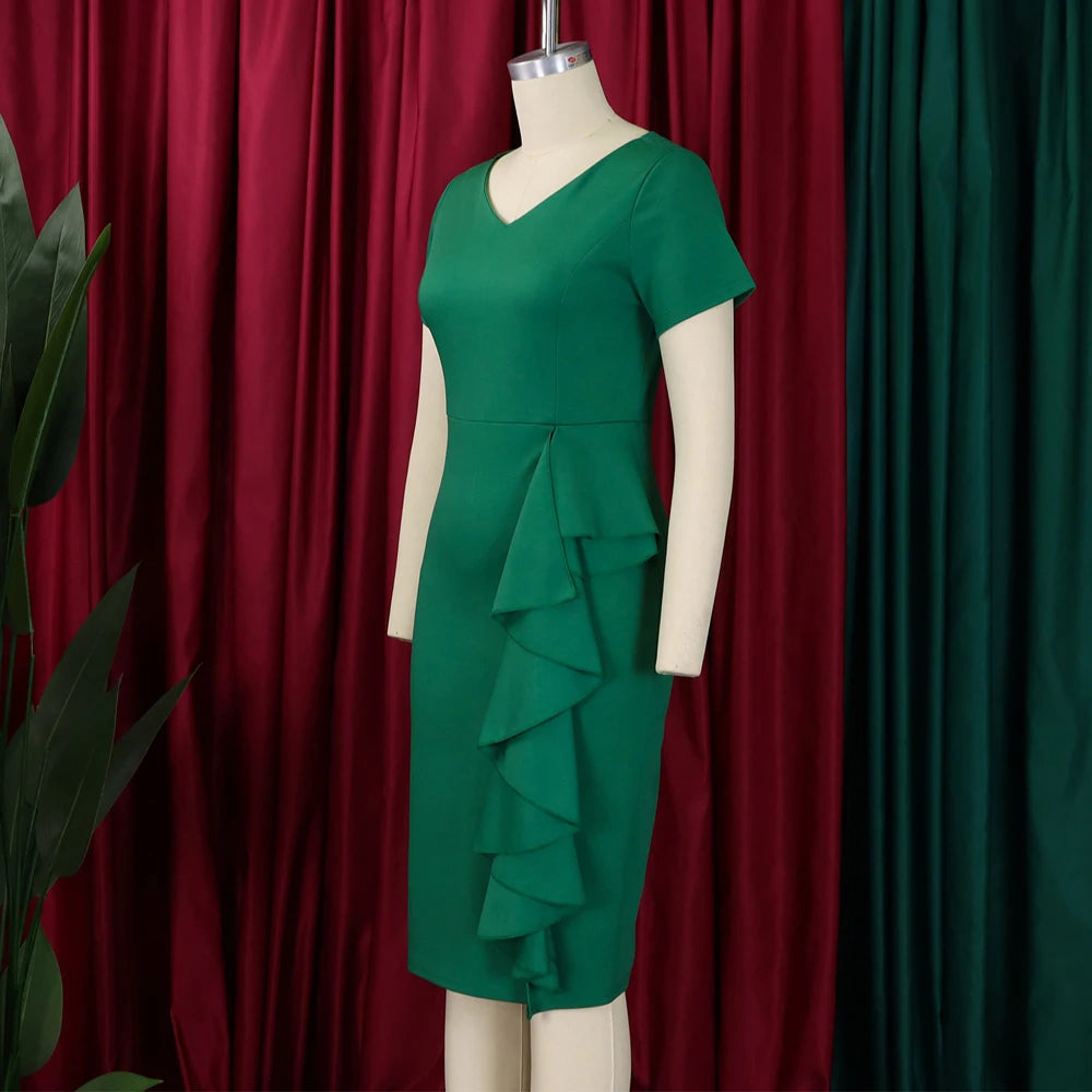 2024 African Design Popular Casual Dresses Women Elegant Solid Color Front Ruffles Formal Church Office Ladies Dress for Work