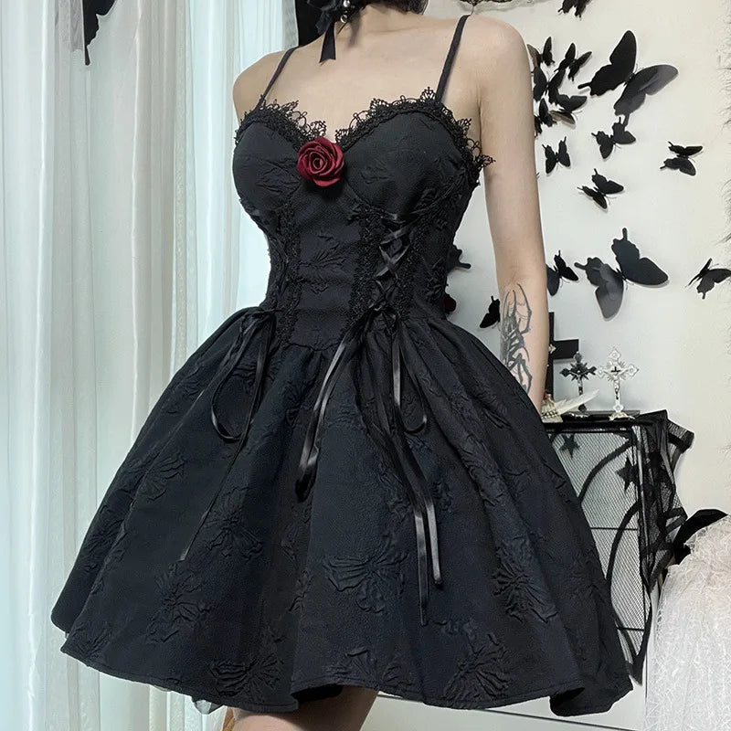Mall Gothic Emo Jacquard A-line Dresses Goth dress Elegant Grunge Ruched Bandage Partywear Punk Black Women Halloween Club Dress