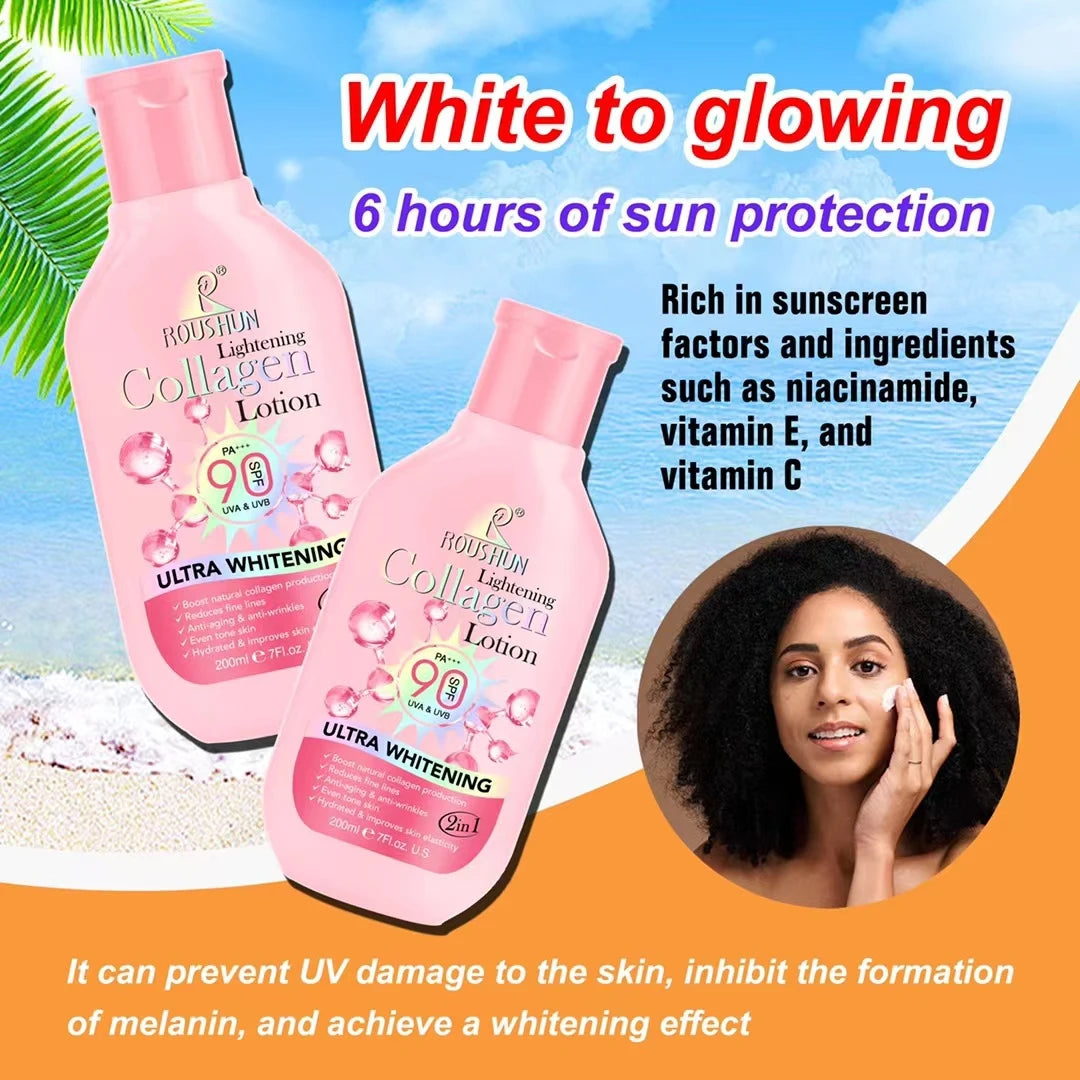 200ml Sunblock Lotion Sunscreen Collagen SPF90 UVA&UVB Ultra Whitening Reduce Fine Lines Even Tone Skin Improves Skin Elasticity